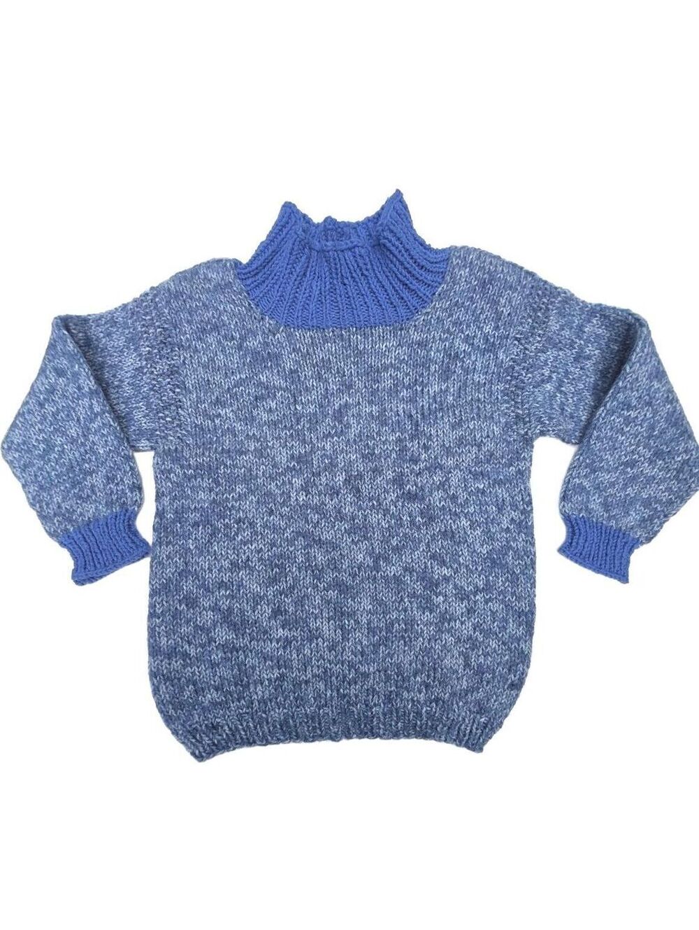Handcrafted Blue & Cream Two=Tone Hand Knitted Pullover Sweater Med Lg